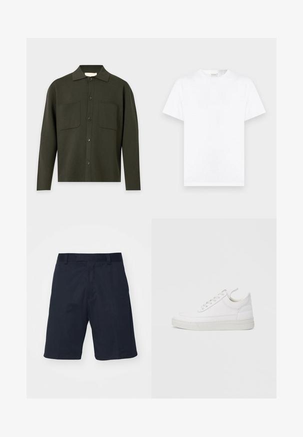 Donkergroene olijfgroene blouse met lange mouwen, knopen, kraag en twee borstzakken aan de voorkant, weergegeven tegen een lichtgrijze achtergrond.; Effen wit T-shirt met korte mouwen en ronde hals, getoond tegen een neutrale grijze achtergrond.; Zwarte short gemaakt van een gladde stof, met een vlakke voorkant, riemlussen en een knielange snit zonder zichtbare patronen of hardware.; Witte leren sneaker met een afgeronde neus, platte zool en veters aan de voorkant. Voorzien van stikseldetails en een gevoerde kraag voor comfort.