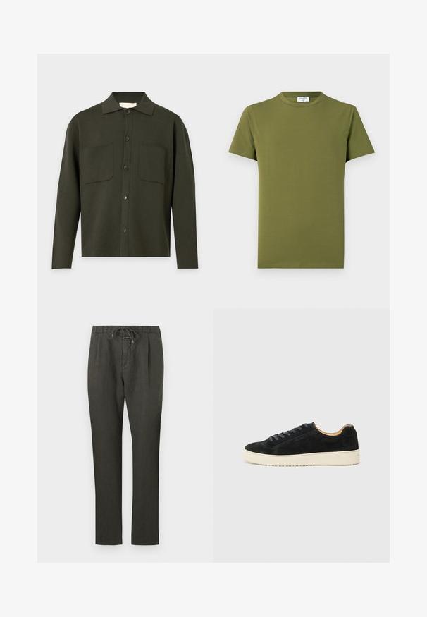 Chemise boutonnée manches longues vert olive foncé avec col et deux poches poitrine devant, présentée sur un fond gris clair.; T-shirt manches courtes de couleur vert olive, fabriqué en tissu doux et lisse. Col rond classique, lignes épurées, sans motifs ni accents visibles.; Pantalons en lin gris foncé avec taille à cordon. Design à jambe droite, tissu léger, peu de détails, et texture lisse.; Baskets en daim noir au design bas, avec des lacets assortis, une semelle en caoutchouc texturé crème et une silhouette minimaliste.