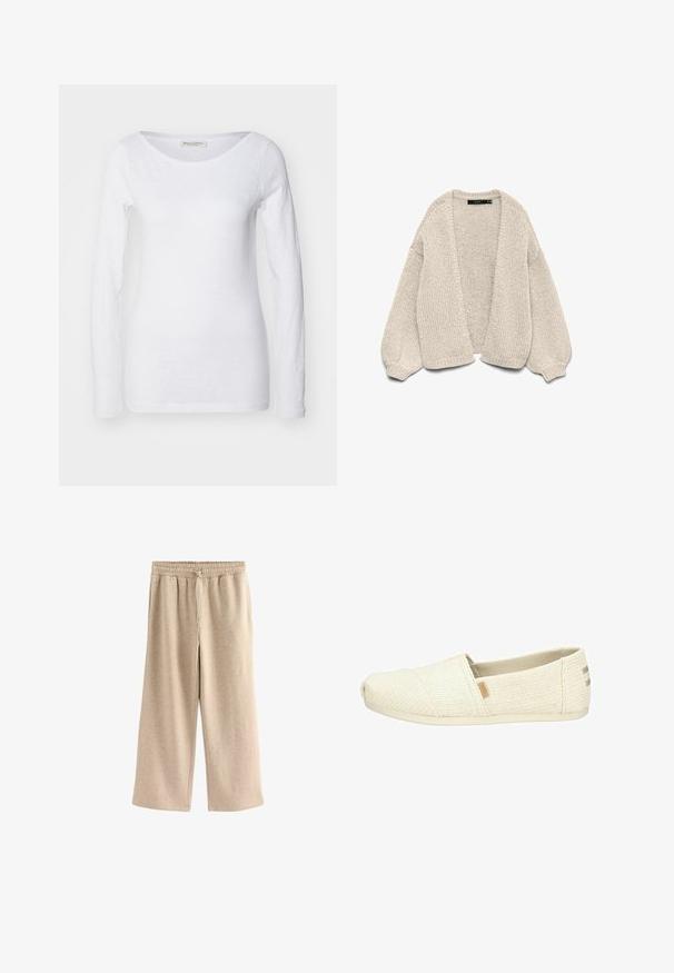 Beige värinen paksu neulejakku, jossa on pitkät puffhihat, avonainen etuosa ja resorit hihansuissa, esitelty valkoisella taustalla.; Valkoinen pitkähihaisella paita, jossa on pyöreä kaula-aukko. Valmistettu pehmeästä, tekstuuritetusta kankaasta. Ominaisuuksina rento istuvuus ja saumattomat hihansuut.; Kermanväriset leveälahkeiset housut, jotka on valmistettu pehmeästä puuvillasekoitekankaasta. Niissä on joustava vyötärö, jossa on naru ja hienovarainen täpläkuvio.; Vaaleanbeige neulotut liukupohjaiset kengät, joissa on pyöristetty kärki, joustavat sivu yksityiskohdat ja teksturoitu kangas. Minimalistinen muotoilu vaalean värisellä pohjalla.
