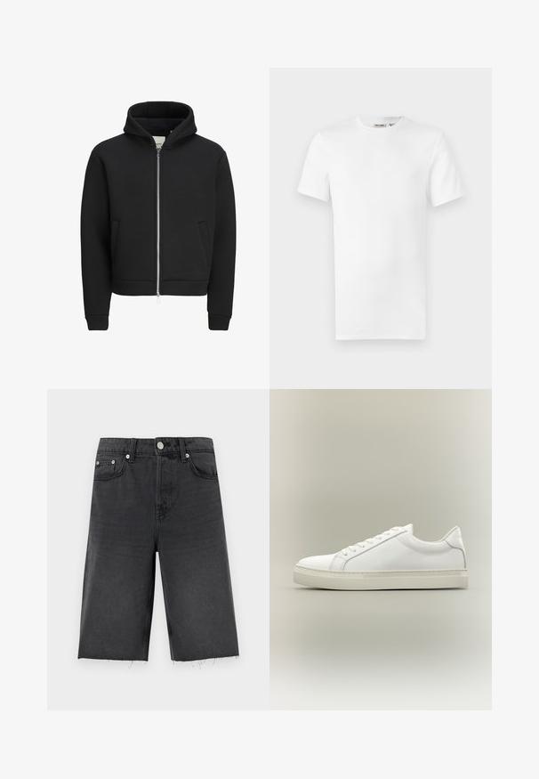 Sweat à capuche noir zippé avec poches avant, manches longues et capuche, doté d'un intérieur doublé en polaire.; T-shirt blanc uni à manches courtes et col rond, avec une petite étiquette de marque à l'intérieur du col, présenté sur un fond blanc.; Shorts en denim noir à coupe droite, avec un ourlet légèrement effiloché, des passants de ceinture, cinq poches et des boutons en métal argenté.; Baskets blanches basses à lacets sur l’avant et semelle épaisse, vues de côté sur un fond neutre.