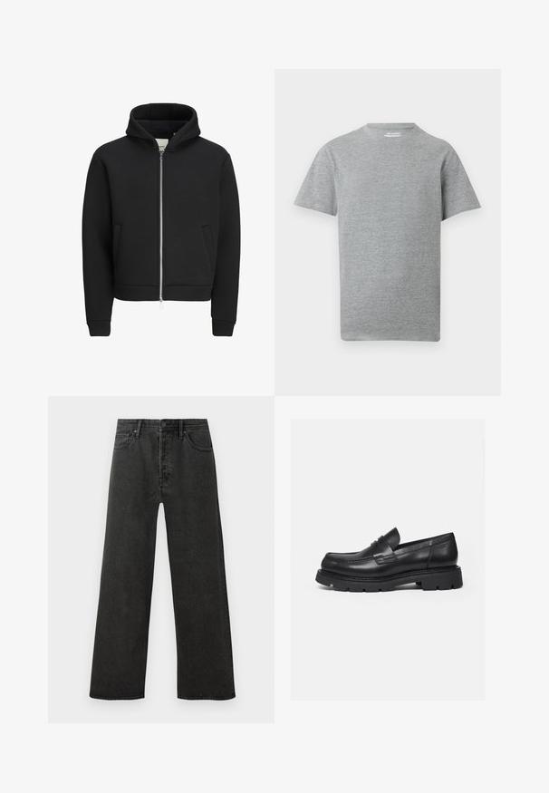 Sort lynlåstrøje med frontlommer, lange ærmer og hætte, med fleeceforet indvendig.; Simpel grå kortærmet t-shirt med rund hals og et lille hvidt "ONLY & SONS" mærke indeni kraven.; Sorte højtaljede lige ben jeans i denim med frontknap, lynlås og fem lomme-design på en hvid baggrund.; Sort læderloafer med tyk rillede sål og penny-remdetalje, vist i højre sideprofil på hvid baggrund.