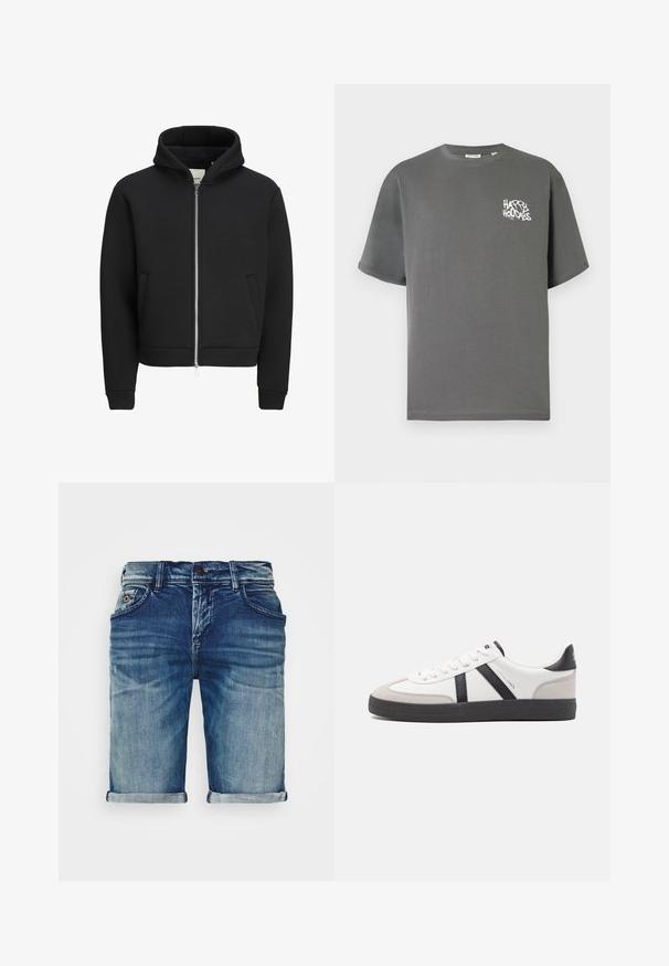 Sudadera negra con cremallera, bolsillos delanteros, mangas largas y capucha, con interior forrado de forro polar.; Camiseta de algodón gris con mangas cortas y cuello redondo, con texto blanco "HAPPY HOLIDAYS" en estilo graffiti en el frente.; Shorts de mezclilla en azul medio con un acabado ligeramente desgastado. Presentan dobladillos doblados, diseño de cinco bolsillos y cierre de botón de metal.; Zapatilla blanca con acentos en negro y gris, que presenta una puntera texturizada en gris, suela de goma negra y cordones planos blancos. Diseño limpio, estilo minimalista.