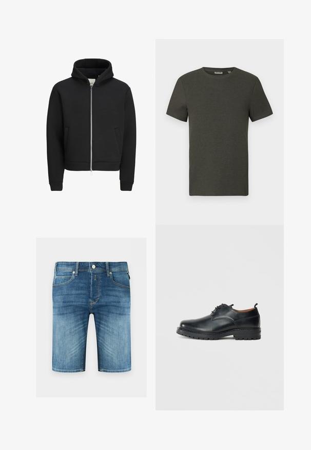 Sweat à capuche noir zippé avec poches avant, manches longues et capuche, doté d'un intérieur doublé en polaire.; T-shirt à manches courtes vert foncé avec un col rond, fabriqué en tissu côtelé ; présente un design simple et minimaliste sans motifs.; Shorts en denim bleu pour homme avec bouton devant, fermeture éclair, passants de ceinture et détails délavés sur les cuisses et les poches.; Chaussures derby en cuir noir avec une texture lisse, bout rond, design à lacets et une semelle en caoutchouc épaisse et robuste.