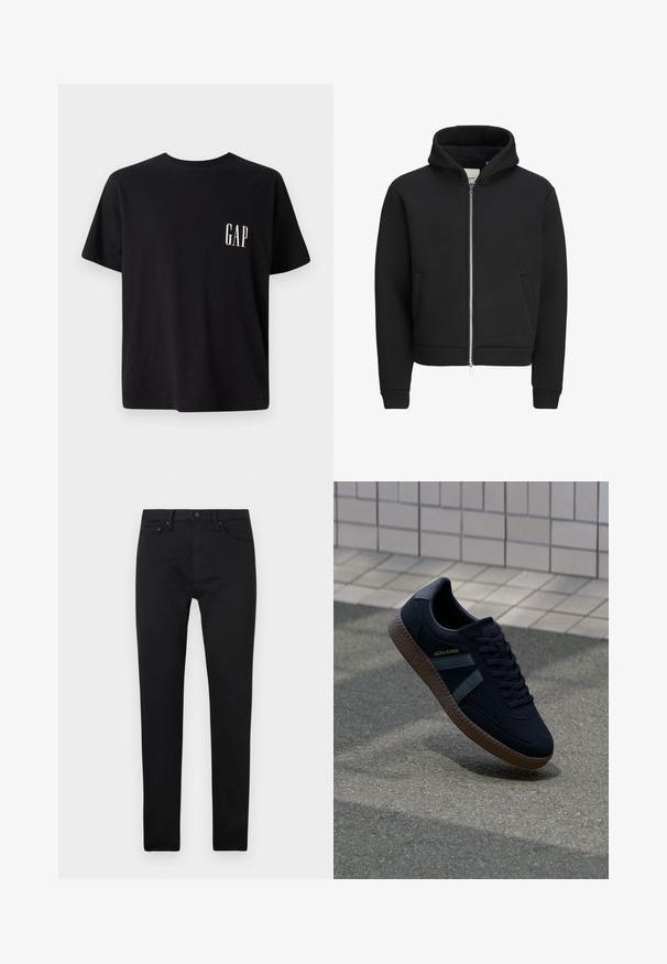 Sort lynlåstrøje med frontlommer, lange ærmer og hætte, med fleeceforet indvendig.; Sort bomulds t-shirt med rund hals, korte ærmer og et lille hvidt "GAP" logo på venstre brystområde. Casual pasform med en glat tekstur.; Sorte slim-fit jeans med fem lommer, knaplukning og bæltestropper, præsenteret på en ensfarvet hvid baggrund.; Sort sneaker med struktureret overflade, mørkegrønne striber og brun gummisål. Har snøringer og branding på siden.