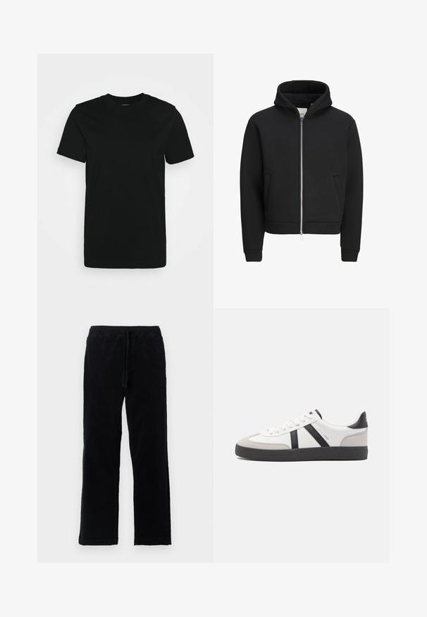 Sweat à capuche noir zippé avec poches avant, manches longues et capuche, doté d'un intérieur doublé en polaire.; T-shirt noir à manches courtes en coton lisse, avec un col ras du cou et un design simple sans motifs ni accents.; Pantalon en velours côtelé noir avec taille élastiquée, design à jambe droite, texture douce, sans poches ni embellissements visibles.; Baskets blanches avec des accents noirs et gris, présentant un embout texturé gris, une semelle en caoutchouc noir et des lacets plats blancs. Design épuré, style minimaliste.