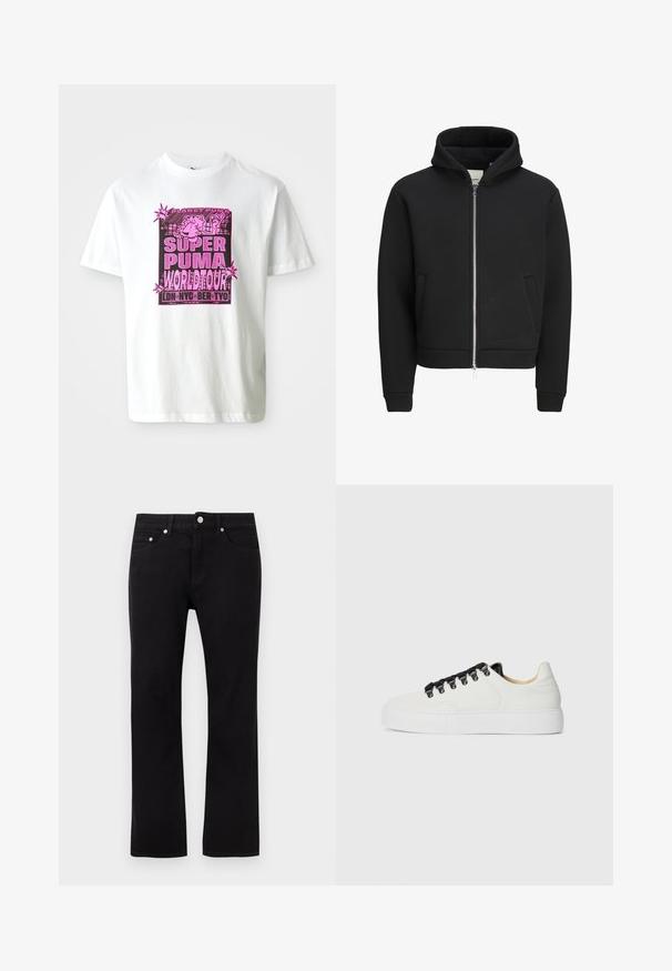 Sort lynlåstrøje med frontlommer, lange ærmer og hætte, med fleeceforet indvendig.; Hvid bomulds t-shirt med et iøjnefaldende pink grafisk print med teksten "SUPER PUMA WORLD TOUR" og figurer i tegneserie-stil.; Sorte jeans med lige ben, forreste knap, lynlås, bæltestropper og fem-lommer stil på en ensartet lys baggrund.; Hvide lavtop sneakers med tyk sål, sorte snørebåndskroge, sorte snørebånd og beige indvendig foring på en almindelig hvid baggrund.