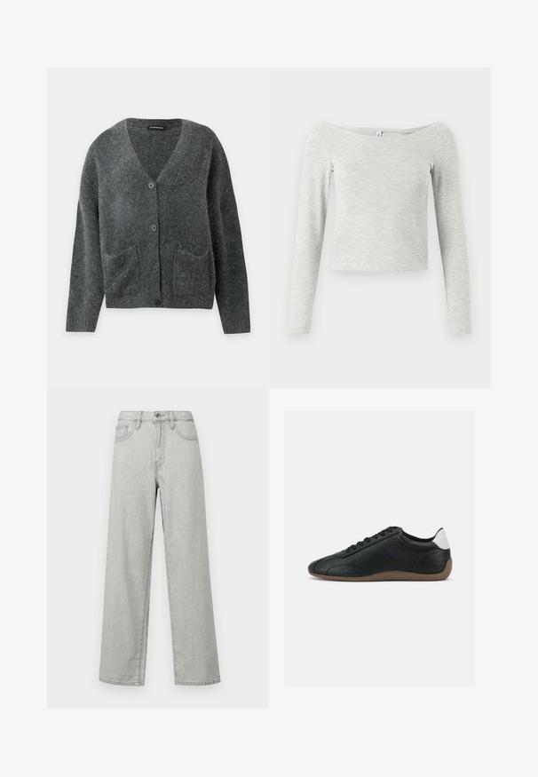 Cárdigan borroso gris oscuro con mangas largas, escote en V, botones delanteros y dos bolsillos frontales, mostrado sobre un fondo liso claro.; Top gris de manga larga con diseño de hombro caído, fabricado en una tela suave y ligera, que presenta una silueta simple y elegante.; Jeans de pierna ancha de color gris claro, fabricados en denim, con una cintura alta, bolsillos delanteros y un cierre estándar con botón y cremallera.; Zapatilla de piel negra de perfil bajo con suela marrón, cordones negros y parche blanco en el talón, mostrada sobre un fondo liso gris claro.