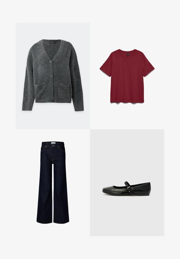 Dunkelgraue, flauschige Strickjacke mit langen Ärmeln, V-Ausschnitt, vorderen Knöpfen und zwei vorderen Taschen, dargestellt auf einfachem hellem Hintergrund.; Kurzärmliges, rundhalsiges, einfarbiges T-Shirt in dunklem Rot, flach auf weißem Hintergrund dargestellt.; Dunkelblaue Denim-Jeans mit weitem Bein, vorne mit Knopf und Reißverschluss, Gürtelschlaufen und vorderen Taschen, auf weißem Hintergrund dargestellt.; Schwarze Leder-Ballerinas mit einer runden Spitze, einer flachen Sohle und einem dünnen, verstellbaren Riemen über dem Spann mit einer Metallschnalle.