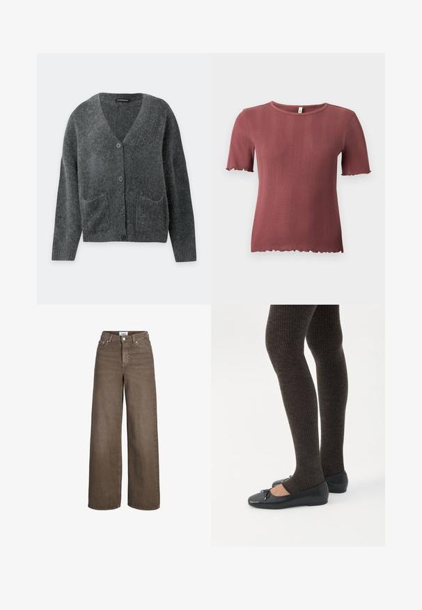 Mørkegrå, blød cardigan med lange ærmer, V-hals, knapper foran og to forlommer, vist på en ensfarvet lys baggrund.; Kortærmet, ribstrikket top i støvet rosa med rund hals og diskret salatkant ved ærmer og kant.; Brune højttaljede viddebenjeans med frontknap og lynlås, for- og baglommer samt bæltestropper.; Ben iført mørke ribbede leggings kombineret med sorte balletsko med små sløjfedetaljer på hvid baggrund.