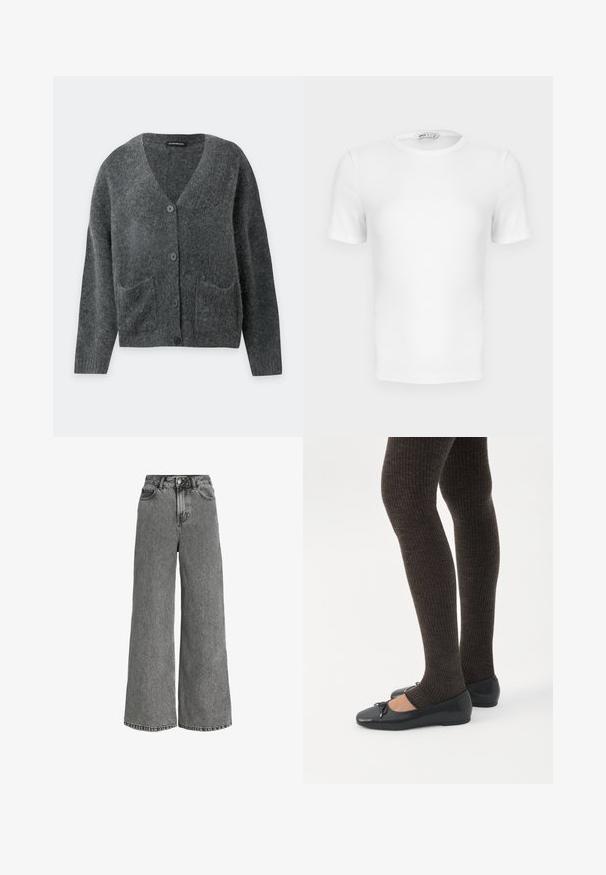 Mørkegrå, blød cardigan med lange ærmer, V-hals, knapper foran og to forlommer, vist på en ensfarvet lys baggrund.; Hvid ribstrikket T-shirt med korte ærmer, rund hals og tætsiddende pasform samt en lille mærkeetiket inde i kraven.; Grå jeans i denimbred ben, høj talje med knapper foran, lynlås og fem-lomme-design.; Ben iført mørke ribbede leggings kombineret med sorte balletsko med små sløjfedetaljer på hvid baggrund.