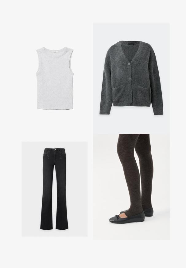 Cardigan duveteux gris foncé à manches longues, col en V, boutons sur le devant et deux poches avant, présenté sur un fond clair uni.; Débardeur court gris clair sans manches avec encolure ronde, en tissu tricoté doux.; Jean noir taille haute avec légère évasement, fermeture devant par bouton et zip, poches avant avec détails subtils de couture blanche.; Jambes portant des leggings côtelés foncés associés à des ballerines noires avec de petits détails en nœud sur fond blanc.