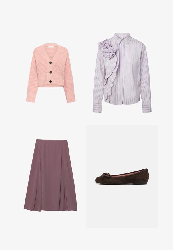 Gilet court rose en tissu texturé avec un col en V, des poignets côtelés et trois boutons noirs sur le devant.; Blouse à rayures violet clair à manches longues avec un col classique et un détail en tissu froncé en forme de roses sur l'épaule gauche.; Une jupe longueur genou dans une couleur mauve atténuée, fabriquée en tissu léger avec un design plissé et une texture lisse. Aucun fermoir visible.; Pretty Ballerinas Ballerines - brown
