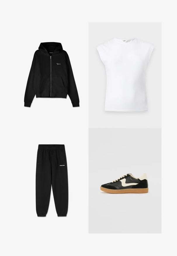 Sort zip-up hættetrøje med ribbet tekstur, kengurulommer og en stor hætte. Har hvidt logo på øverste venstre side.; Hvid ærmeløs top med polstrede skuldre og rund halsudskæring, ensfarvet design, vist på en lysegrå baggrund.; Sorte joggebukser med elastisk talje og manchetter, sidelommer og hvid "PEGADOR" logo på det øverste højre ben.; Sorte ruskinds- og lædersneakers med en cremefarvet side-swoosh og lys cremefarvet hæl. Har beige snørebånd og en gummirubber-sål.