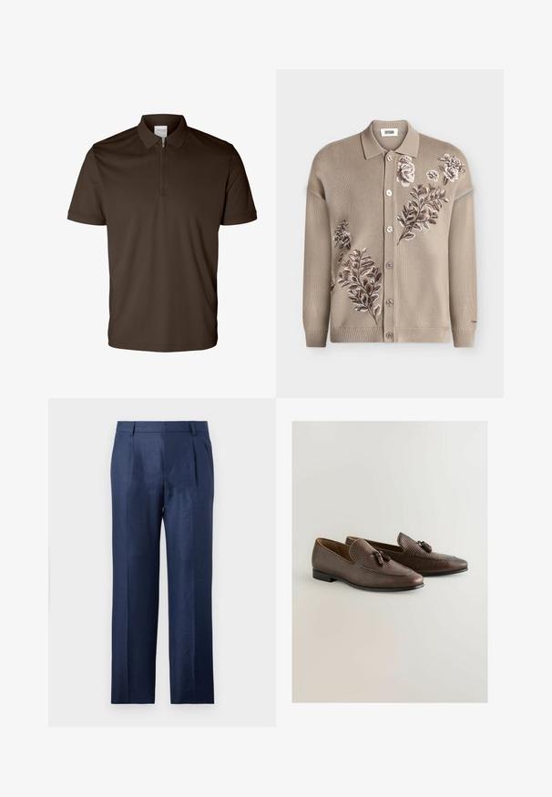 Cardigan beige en maille avec boutons, col et motifs floraux brodés en marron et blanc sur le devant et les manches.; Polo marron foncé à manches courtes avec un col et une fermeture éclair avant moitié, présenté sur fond blanc.; Pantalon habillé pour homme bleu marine avec plis, poches latérales, passants pour ceinture et coupe droite.; Mocassins en cuir marron avec un motif texturé, ornés d'un pompon décoratif. Talon bas et bout arrondi. Doublure intérieure lisse.
