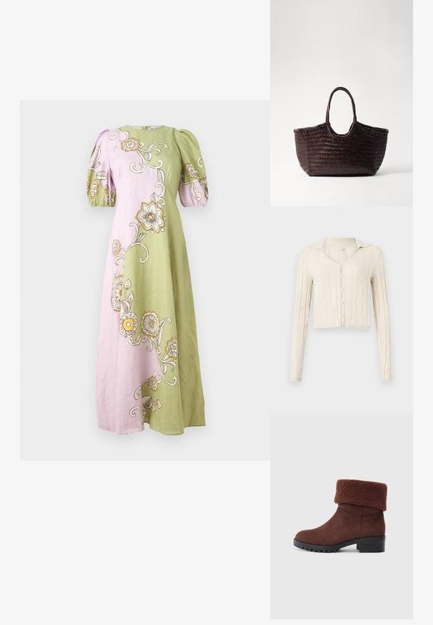 Cardigan en tricot côtelé de couleur crème avec des manches longues, un décolleté en V et cinq boutons en perles sur le devant. Design court.; Robe longue verte et rose avec des manches bouffantes, présentant un grand motif floral en tourbillon de couleur jaune, blanc et noir.; Bottine marron avec un revers en fourrure, fabriquée en matériau doux, dotée d'un bout rond, d'un petit talon bloc et d'une semelle à traction à motifs.; Sac fourre-tout tissé marron avec un sommet arrondi et deux poignées. Présente un motif texturé avec une structure large et ouverte pour un accès facile.