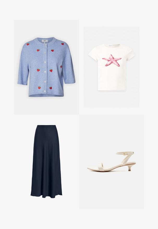 Cárdigan azul claro con mangas cortas, cierre de botones y bordado de fresas disperso en el frente. Textura de punto suave.; Camiseta blanca de manga corta con un gran dibujo de una estrella de mar rosa centrado en el frontal.; Falda maxi de satén azul marino con una textura suave, cintura alta y silueta fluida. Termina con una ligera curva en el dobladillo.; Sandalia beige de tacón bajo con una sola tira en los dedos y correa ajustable en el tobillo con una pequeña hebilla dorada, sobre un fondo blanco.