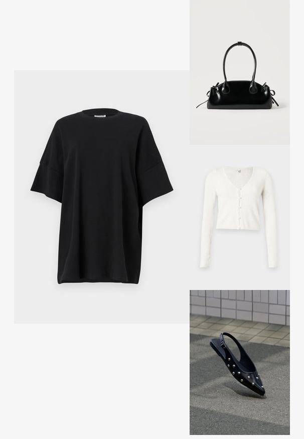 Weißer, gerippter Cardigan mit V-Ausschnitt, der einen kurz geschnittenen Saum und sechs perlenähnliche Knöpfe vorne aufweist. Lange, eng anliegende Ärmel.; Schwarz oversized T-Shirt aus Baumwolle, mit Rundhalsausschnitt und kurzen, weiten Ärmeln, die eine glatte Textur und einen entspannten Schnitt bieten.; Schwarzer, spitzer Slingback-Schuh mit silbernen Nieten, schwebt über Asphalt vor einem hintergrund aus gefliester Wand.; Kleine schwarze glänzende Handtasche mit zwei langen Griffen und seitlichen Kordelzug-Details vor einfachem hellem Hintergrund.