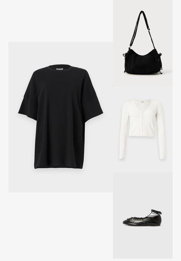 Hvid ribstrikket cardigan med V-hals, der har en kortet kant og seks perle-lignende knapper foran. Lange, tætsiddende ærmer.; Sort oversized t-shirt lavet af bomuld, med rund halsudskæring og korte, brede ærmer, der har en glat tekstur og en afslappet pasform.; Sorte balletflade sko i laklæder med rundet tå, snørelukning og flad sål. Glat tekstur med få detaljer.; Sort kordfløjls skuldertaske med en buet form, justerbar strop og snorelukninger på begge sider til størrelsejustering.
