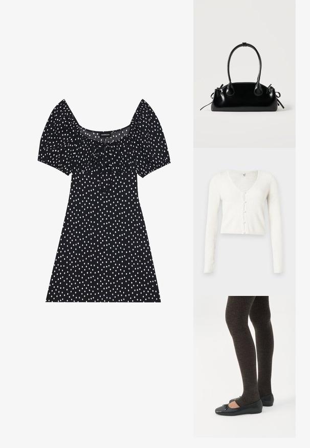 Witte geribbelde cardigan met een V-hals, voorzien van een cropped zoom en zes parelachtige knopen aan de voorkant. Lange, getailleerde mouwen.; Zwarte korte jurk met witte onregelmatige stippen, pofmouwen, vierkante halslijn en voorste strikdetail.; Benen met donkere geribbelde leggings gecombineerd met zwarte ballerina's met kleine strikdetails op een witte achtergrond.; Kleine zwarte glanzende handtas met twee lange hengsels en zijkant trekkoord details op een effen lichte achtergrond.