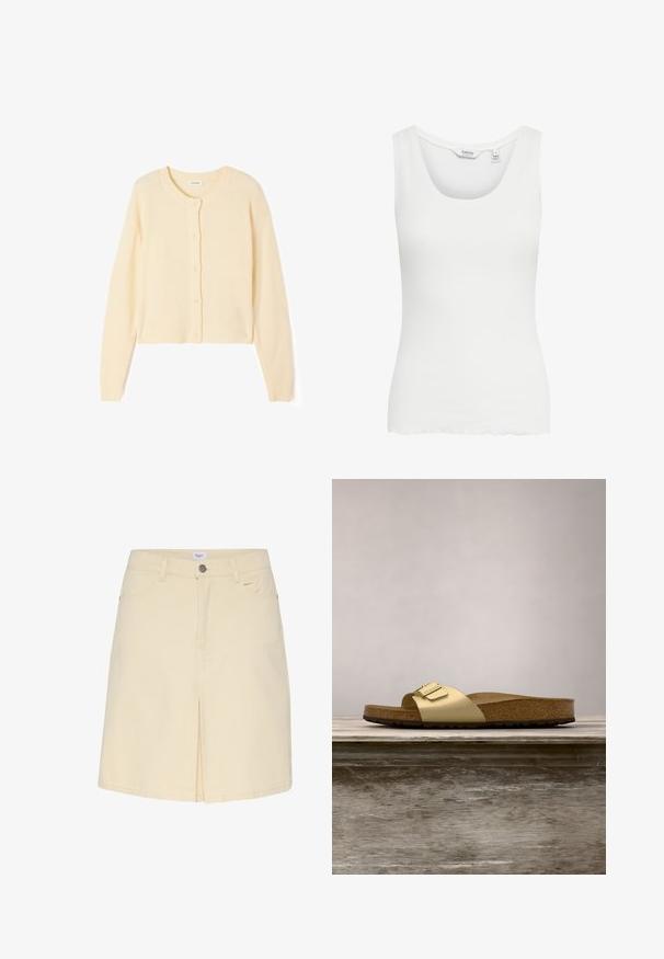 Lys beige kort cardigan lavet af blødt strikket stof, med rund halsudskæring, knaplukning og ribbede manchetter og kant.; Hvid ærmeløs top lavet af ribbet stof, med en dyb rund halsudskæring og en lige, tætsiddende form med en bølget bundafskæring.; Lys beige denimnederdel med slids foran, standard talje og klassisk fem-lommer design. Glat tekstur og minimalistisk stil.; Gyldne syntetiske slidesandaler med en enkelt rem og spændeaccent, der har en brun korksål og en tekstureret gummisål.