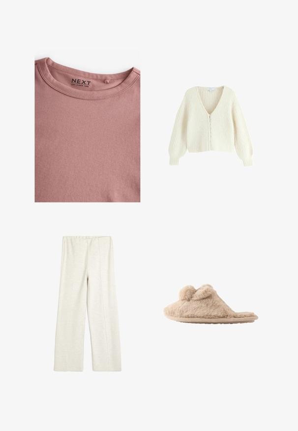 Cárdigan grueso de crema con cuello en V, textura acanalada y mangas largas de globo. Presenta un cierre de botones con botones decorativos.; Camiseta de manga larga en color rosa polvoriento, hecha de algodón suave, con un sencillo cuello redondo y una textura lisa. La etiqueta dice "NEXT."; Koton WIDE LEG - Pantalones deportivos - beige; Zapatilla beige y peluda que se pone deslizando, con dos pompones en la parte superior y suela plana, diseñada para uso en interiores.