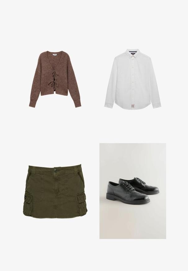 Bruine gebreide cardigan met een V-hals, lange mouwen en sluitingen met een strik aan de voorkant. Zachte textuur en geribbelde patroon zorgen voor een gezellige uitstraling.; Wit overhemd met lange mouwen, knopen en een button-down kraag, met een klein stoffen label aan de onderkant van het voorste midden.; Kaki groene cargorok van een katoenmix, met zijzakken, zichtbare stiksels en een knoopsluiting in de taille.; Zwarte leren oxford schoenen met geperforeerde details, ronde neus en bevestigd met zwarte veters, met een lage, gestructureerde rubberen hak.