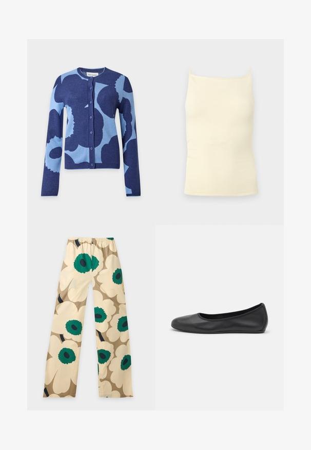 Button-up cardigan with long sleeves in blue tones featuring a bold, abstract floral pattern.; Cream-colored ribbed knit camisole top with thin straps and a straight neckline on a neutral background.; Beige wide-leg pants with large floral print featuring cream petals and green centers, displayed on a plain light background.; Black leather ballet flat with a rounded toe, smooth texture, minimal stitching detail, and a flexible sole design.