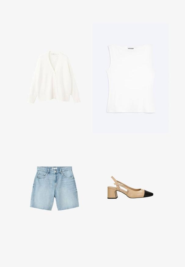Witte gebreide cardigan met een V-hals, vijf knopen aan de voorkant en geribbelde manchetten en zoom. Zachte textuur en een losse pasvorm.; Wit nauwsluitend mouwloos tanktopje met een ronde halslijn en minimalistisch ontwerp, met het label "WEEKDAY" aan de binnenkant van de kraag.; Lichtblauwe denimshorts met een vijf-zakken ontwerp, riemlussen, knoopsluiting en onafgewerkte zoomranden.; Beige slingback hak met een zwarte lakleder teenkap, vierkante blokhak en een verstelbare band met gesp. Gladde textuur overal.