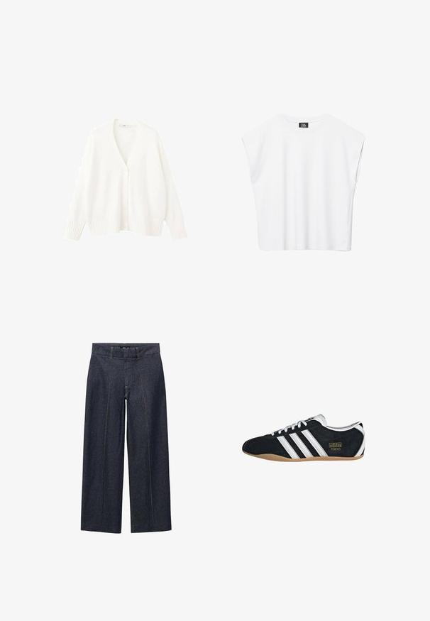 Witte gebreide cardigan met een V-hals, vijf knopen aan de voorkant en geribbelde manchetten en zoom. Zachte textuur en een losse pasvorm.; Witte mouwloze crop top met ronde hals en brede schouders, met een zwart "B6" label aan de binnenkant van de kraag.; Donkerblauwe denim wijde broek met voornaad en een standaard tailleband. Voorzien van oranje stiksel en een cropped lengte.; Zwarte suède sneaker met witte drie strepen, gouden logo en een bruine rubberen zool. Heeft een laag profiel vetersluiting ontwerp.