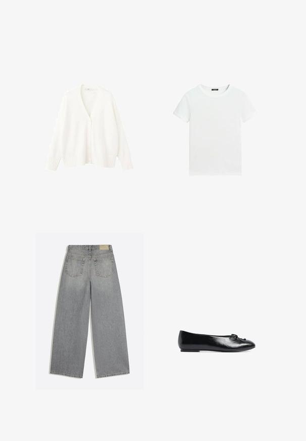 Hvid strikket cardigan med V-udskæring, fem knapper foran samt ribstrikkede manchetter og kant. Blød tekstur og afslappet pasform.; Almindelig hvid T-shirt med korte ærmer, rund halsudskæring og lille sort label inden i kraven.; Grå vidbenede denimjeans der viser bagsiden med to lommer og bæltestropper lagt fladt på hvid baggrund.; Sort læder balletflade med en rund tå, lille sløjfedetalje foran og en lav, fleksibel sål. Glat tekstur hele vejen igennem.