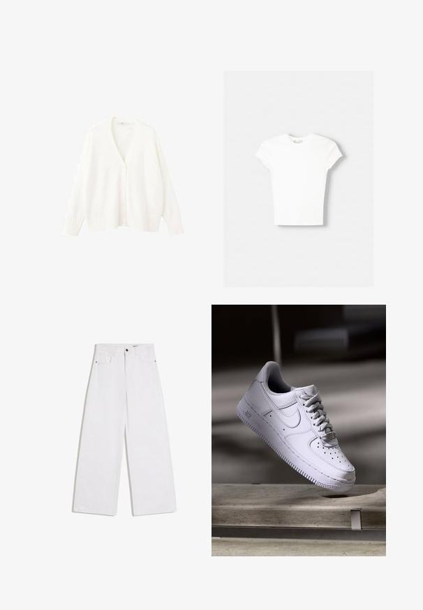 Cardigan blanc tricoté avec un col en V, cinq boutons sur le devant, et des bords-côtes aux poignets et à l'ourlet. Texture douce et coupe décontractée.; T-shirt blanc à manches courtes en coton doux, avec un col rond et une coupe ajustée. Pas de motifs ni d'ornements visibles.; Jean en denim blanc à jambes larges avec poches avant, passants de ceinture et fermeture par bouton à la taille.; Baskets Nike Air Force 1 blanches lévitant au-dessus d'une surface en béton avec des ombres dans un cadre minimaliste.