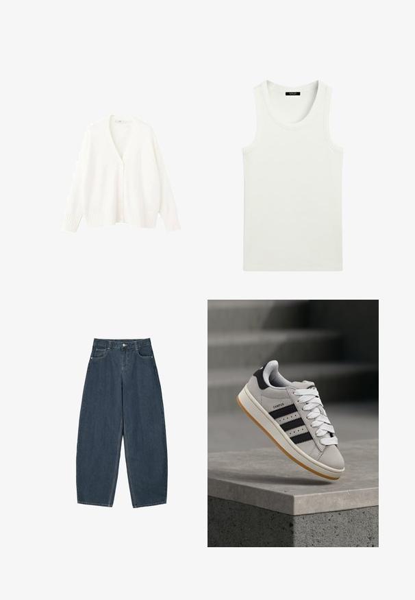 Hvid strikket cardigan med V-udskæring, fem knapper foran samt ribstrikkede manchetter og kant. Blød tekstur og afslappet pasform.; Hvid ærmeløs ribstrikket tanktop med rund halsudskæring og label indeni kraven.; Mørkeblå denim buede bukser med høj talje, som har fem lommer og synlige stingdetaljer. Ren, minimalistik design.; Grå Adidas Campus-sneaker med sorte striber og hvide snørebånd, der svæver over en betonkant med trapper i baggrunden.