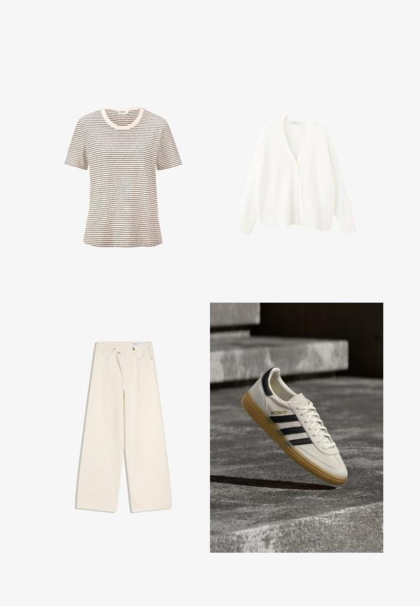 Weißer Strickcardigan mit V-Ausschnitt, fünf Knöpfen vorne und gerippten Bündchen und Saum. Weiche Textur und lockere Passform.; Gestreiftes T-Shirt in Creme mit dünnen schwarzen horizontalen Linien. Kurze Ärmel, runder Ausschnitt, weiche Textur, lockere Passform.; Off-White weite Hosen mit Vordertaschen, Gürtelschlaufen und silbernen Knöpfen an Bund und Taschenrändern.; Weißer Adidas Spezial Sneaker mit schwarzen Streifen und Kautschuksohle, der über grauen Steinstufen im Freien schwebt.