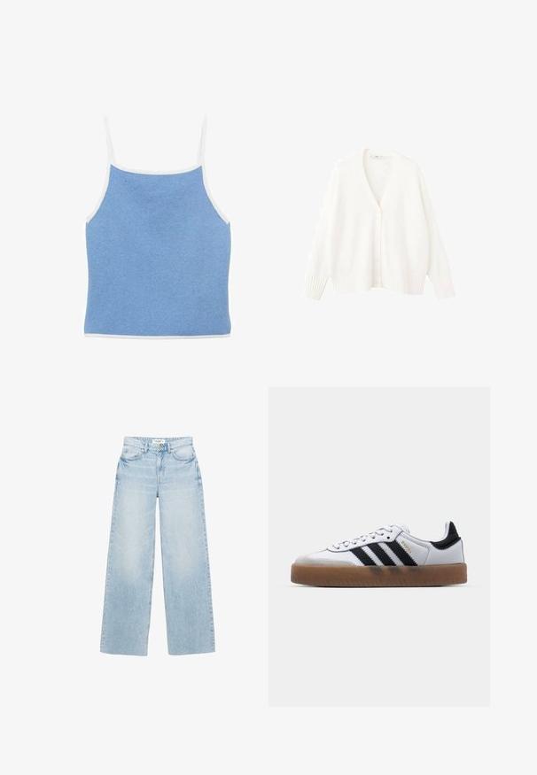 Hvid strikket cardigan med V-udskæring, fem knapper foran samt ribstrikkede manchetter og kant. Blød tekstur og afslappet pasform.; Lyseblå strikket tanktop med hvid kant, der har tynde skulderstropper og en tætsiddende design med en glat, tekstureret overflade.; Lyseblå jeans med vide ben lavet af denim. Har høj talje, fem lommer og lynlås med knappelukning. Let slidt tekstur.; Hvide lædersneakers med sorte striber, gummirubber sål, rund tå, snørelukning og blød grå ruskinds tåhætte.