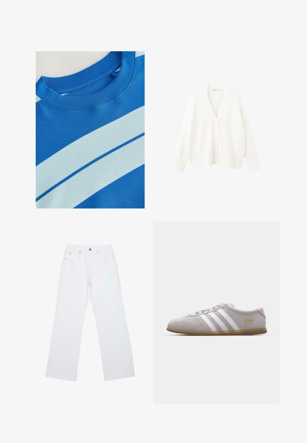 Hvid strikket cardigan med V-udskæring, fem knapper foran samt ribstrikkede manchetter og kant. Blød tekstur og afslappet pasform.; Blå sweatshirt med ribbet rund hals, der har horisontale lyseblå striber og en glat tekstur. Rent design, blødt stof.; Hvide jeans med lige ben, fem lommer, bæltestropper og lukning foran med knap og lynlås, lagt fladt på en hvid baggrund.; Grå suedestøvle med hvide læderstriber og guldlogo-detalje. Flad gummisål, rund tå og klassisk snølukkedesign.