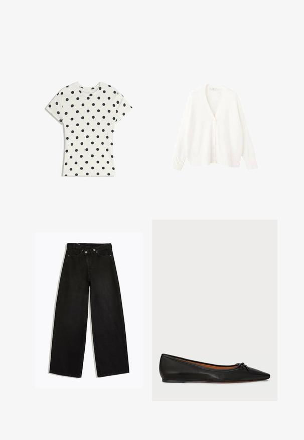 Hvid strikket cardigan med V-udskæring, fem knapper foran samt ribstrikkede manchetter og kant. Blød tekstur og afslappet pasform.; Hvid kortærmet t-shirt med sorte polkaprikker jævnt fordelt over stoffet, vist fladt på en hvid baggrund.; Sorte jeans med høj talje og brede ben, med knap- og lynlåslukning, bæltestropper og et design med fem lommer, vist fladt på en hvid baggrund.; Sorte læderballetflade med spids tå, slank silhuet og en lille sløjfedetalje på forsiden. Glat tekstur og minimalistisk design.