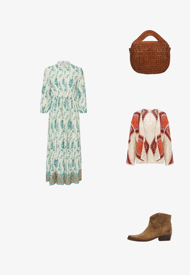 Åben hæklede cardigan med indviklede cirkel- og diamantmønstre i creme, orange, rød, lilla og brune nuancer.; Lang, let kjole med blomsterprint i teal og hvid. Har en høj krave, lange ærmer og en dekorativ guldkant.; Brune ruskind ankelstøvler med spidse tæer, pyntesyninger og en kort stablet hæl. Sidestræk for nem påtagning.; Brun læderhåndtaske med vævet kvadratisk mønster, rund form og integreret top håndtag på hvid baggrund.