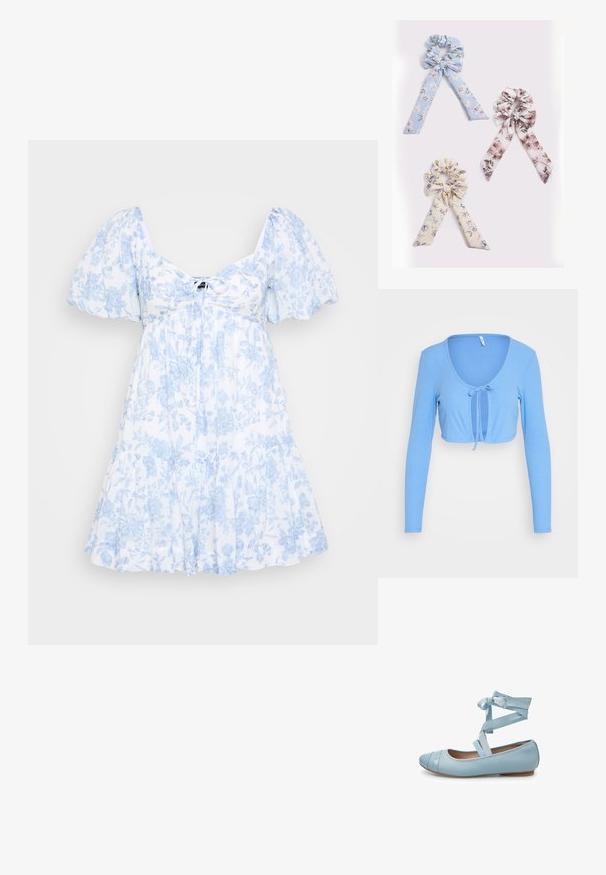 ONLY ONLELLA SHORT TIE CARDIGAN - Kardigan - provence; Lille lille lille õieprintidega valgest kangast kleit, millel on puffvarrukad, ümar kaelus ja kihiline seeliku disain.; Heledad sinine lamed tõusuga, ümar nina, dekoratiivne õmblus ja ripskinnis, et kinnitada jalga kindlalt.; Kolm kangast juukseaksessuaari: helesinine lillemustriga, pehme beež lilledega ja roosa lilledega, igal esemel on paelad.