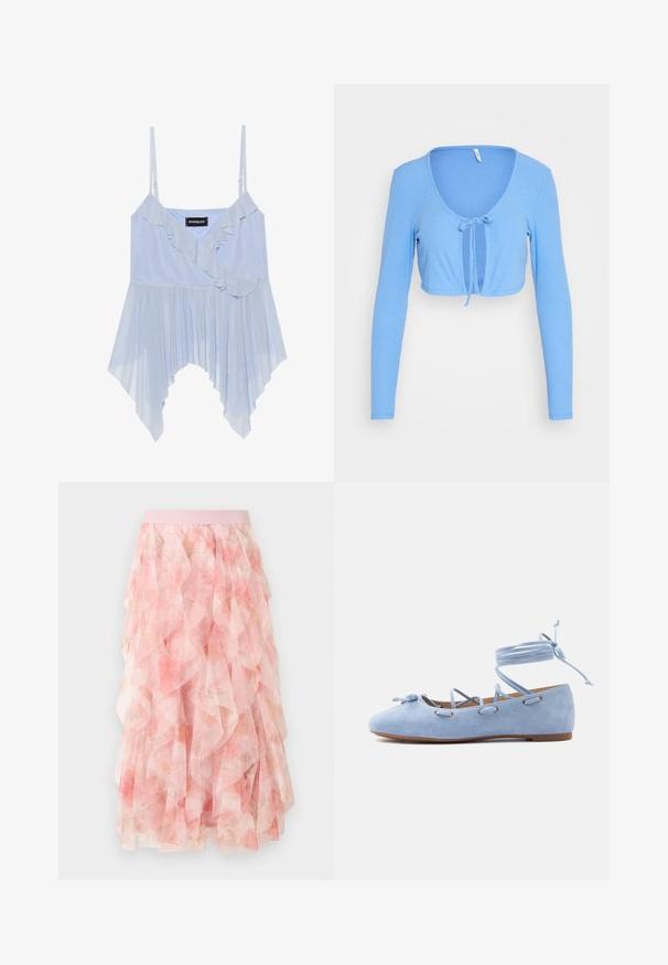 ONLY ONLELLA SHORT TIE CARDIGAN - Ζακέτα - provence; Even&Odd by Zalando Μπλούζα - sky blue; Ροζ midi φούστα από στρωτό τούλι με λουλουδένιο μοτίβο και ελαστική μέση, με απαλή υφή και βολάν.; Κρεμ νούμερο γαλάζιες σουέτ μπαλαρίνες με κορδόνια που τυλίγονται γύρω από τον αστράγαλο και μικρό φιόγκο στη μύτη.