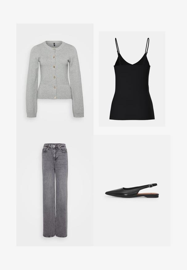 Grå cardigan lavet af strikket materiale med rund halsudskæring, lange ærmer og seks gyldne knaplukninger. Har to forlommer.; Sort cami-top med tynde justerbare stropper, V-hals design, tætsiddende form og sømløs tekstur. Enkel og minimalistisk stil.; Grå højtaljede jeans med lige ben, knap- og lynlåslukning, fem lommer og en tekstureret denimfinish.; Sorte læder slingback sko med spidse tæer, subtil glans og justerbar ankelrem. Flad hæl med en brun indersål.
