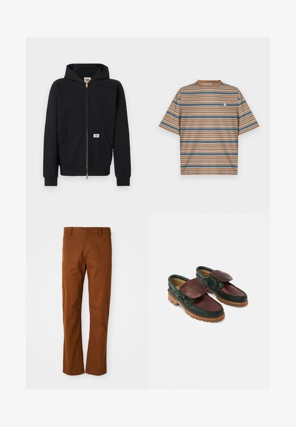Sweat à capuche noir zippé avec poches avant, poignets côtelés, et écussons logo sur la poitrine et la poche, présenté sur un fond uni.; T-shirt à manches courtes rayé marron, affichant des rayures horizontales en bleu, blanc et marine. Comprend un petit logo blanc sur la poitrine.; Pantalon en coton marron à coupe régulière, avec une fermeture à bouton, des passants de ceinture et une coupe droite. Texture lisse sans motifs.; Chaussures en cuir avec un corps vert foncé, un dessus bordeaux, un bout rond, un rabat sécurisé et une semelle en caoutchouc texturée avec des rainures.