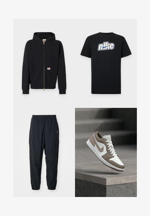 Musta vetoketjullinen huppari, jossa on etutaskut, resorit hihansuissa ja logoplaasit rinnassa ja taskussa, esillä yksinkertaisella taustalla.; Musta lyhythihainen T-paita, jossa suuri valkoinen ja sininen Nike-logo ja swoosh rinnan keskellä.; Mustat cargo-housut, jotka on valmistettu kevyestä materiaalista. Niissä on joustava vyötärö, sivutaskut ja rento istuvuus joustavilla lahkeensuilla.; Valkoinen ja taupenvärinen matalakärkinen nauhallinen lenkkaritossu, jonka välipohja ja Nike-swoosh leijuvat betonisillan yläpuolella, taustalla portaat.