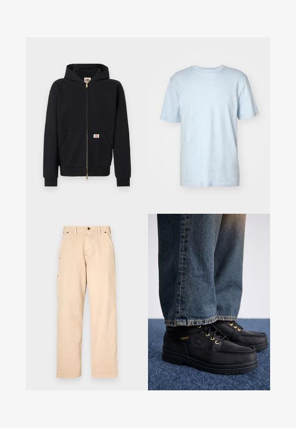 Sudadera con capucha negra con cremallera, bolsillos frontales, puños acanalados y parches con logo en el pecho y el bolsillo, mostrada sobre un fondo sencillo.; Camiseta de algodón azul claro con cuello redondo, mangas cortas y un pequeño logo blanco bordado en el lado izquierdo del pecho.; Pantalones de algodón beige con corte de pierna recta, que cuentan con bolsillos laterales, pasadores para cinturón y cierre delantero con botón. Textura suave, diseño minimalista.; Zapatos de cuero negro con ojales dorados y un acabado texturizado, combinados con jeans de mezclilla azules. Los zapatos presentan una suela en capas y un detalle de marca.