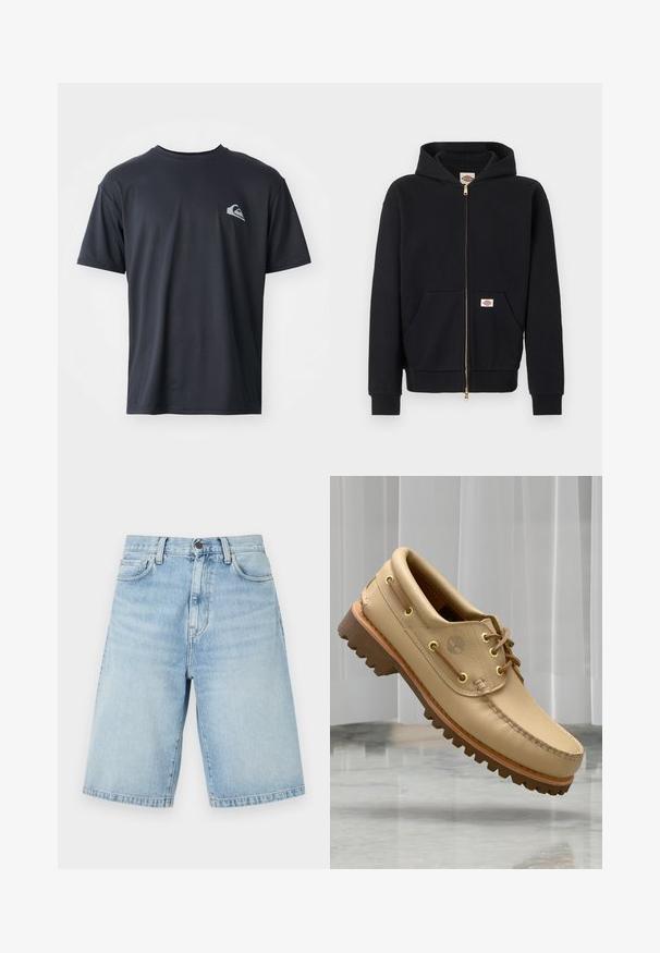Schwarzer Kapuzenpullover mit Reißverschluss, Fronttaschen, gerippten Bündchen und Logo-Patches auf der Brust und Tasche, vor einem einfarbigen Hintergrund dargestellt.; Schwarzes T-Shirt mit kurzen Ärmeln aus einem glatten Stoff, mit einem kleinen weißen Logo auf der linken Brustseite. Reguläre Passform mit Rundhalsausschnitt.; Hellblaue Denim-Shorts bis zum Knie mit Fronttaschen, Gürtelschlaufen und Knopfverschluss.; Hellbraune Lederbootsschuhe mit dickem, geripptem Profil und Schnürdetails, schwebend über einem Marmorboden und einem Hintergrund aus weißen vertikalen Jalousien.