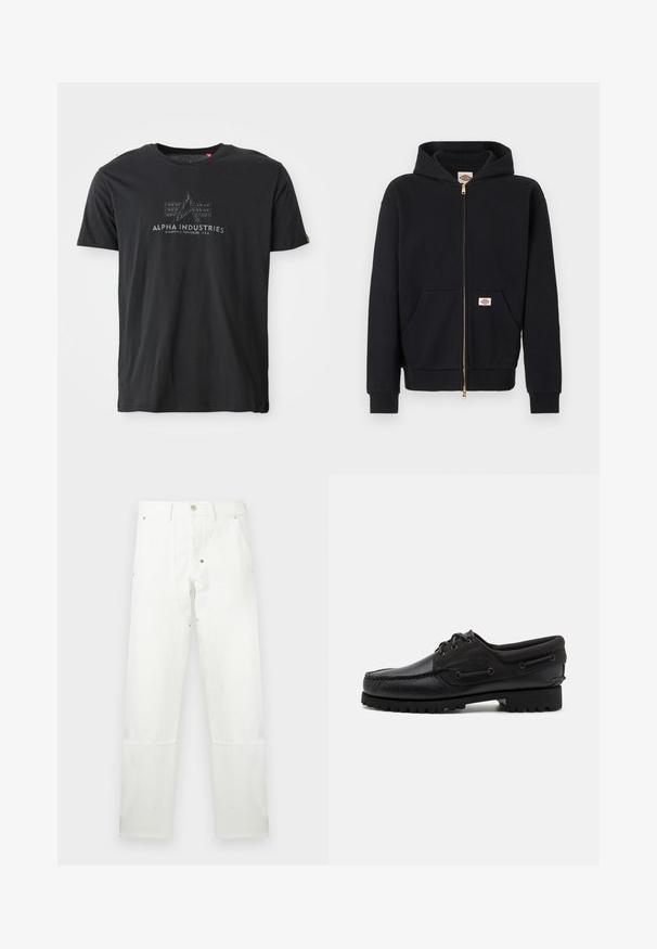 Sweat à capuche noir zippé avec poches avant, poignets côtelés, et écussons logo sur la poitrine et la poche, présenté sur un fond uni.; T-shirt noir en coton à col rond présentant un imprimé logo texturé avec les mots "ALPHA INDUSTRIES" et un design triangulaire au centre.; Pantalon blanc droit avec bouton et fermeture éclair, passants pour ceinture, poches avant et renforts aux genoux.; Chaussure noire avec un dessus en cuir, des accents textiles, des lacets ronds et une semelle en caoutchouc texturé. Présente des coutures mocassins et des détails de marque.