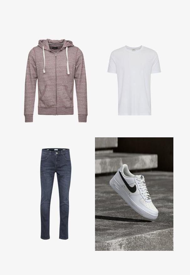 Hooded zip-up sweatshirt in een gemêleerd mauve stof, met witte trekkoorden, twee voorzakken en rib gebreide manchetten en zoom.; Effen wit T-shirt met korte mouwen en een ronde hals, getoond op een witte achtergrond, met een klein neklabel waarop het merk “Solid” staat.; Donkerblauwe denim jeans met een slim fit, voorzien van vijf zakken, lichte stiksel en een klassiek ritsopening met knoopsluiting.; Witte Nike Air Force 1 sneaker met zwarte swoosh, veters gestrikt, zwevend in de lucht boven een gestructureerd betonnen oppervlak buiten.