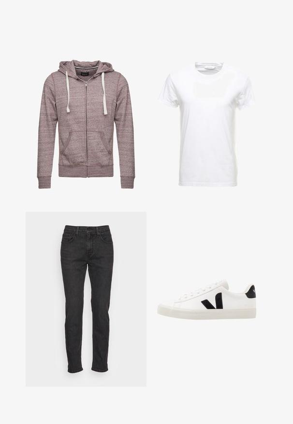 Mikina s kapucňou na zips v heathered mauve tkanine, s bielymi šnúrkami, dvoma prednými vreckami a rebrovanými manžetami a lemom.; Biela bavlnená tričko s krátkymi rukávmi, s dizajnom okrúhleho výstrihu a hladkou textúrou. Označenie viditeľné pri výstrihu. Jednoduchý a klasický štýl.; Čierne džíny z denimu s priliehavým strihom, s piatimi vreckami, pútkami na opasok a jemnými detailmi prešívania. Ošúchaná textura po celej látke.; Biele kožené tenisky s čiernymi semišovými akcentmi; majú gumovú podrážku, okrúly špičku a klasický šnurovací dizajn. Na boku logo v čiernej farbe.