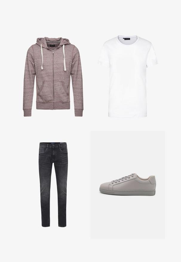 Sweat à capuche zippé en tissu mauve chiné, avec des cordons blancs, deux poches avant et des poignets et un ourlet côtelés.; T-shirt en coton blanc, à manches courtes, col rond, design uni, texture douce, coupe droite, taille standard, sans motifs ni accents visibles.; Jean slim fit homme gris foncé délavé avec poches avant et arrière, fermeture par bouton et passants pour ceinture.; Baskets en cuir gris avec une finition lisse, lacets plats, bout arrondi et semelle en caoutchouc gris contrastante. Design et texture minimalistes.