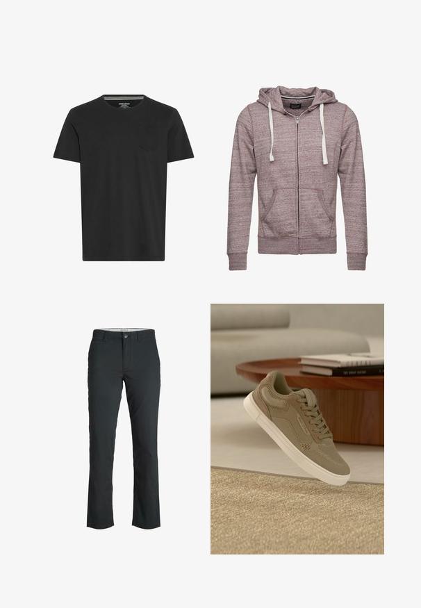 Hættezipper sweatshirt i en meleret mauve-stof med hvide snore, to forlommer og ribbede manchetter og kant.; Sort kortærmet T-shirt lavet af bomuld. Har en rund hals og en lille lomme på venstre bryst. Glat tekstur og simpelt design.; Jack & Jones Chino Slim Fit - Chino - black; Beige afslappet sneaker med mesh- og ruskinddetaljer, hvid sål, svævende over en struktureret beige tæppe i en moderne stue.