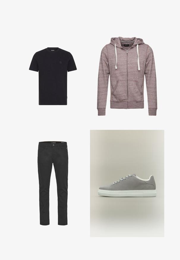 Kapuzensweatshirt mit Reißverschluss aus meliertem Mauve-Stoff, ausgestattet mit weißen Kordeln, zwei Fronttaschen und gerippten Bündchen und Saum.; Marineblaues T-Shirt mit kurzen Ärmeln aus strukturiertem Stoff. Hat einen runden Halsausschnitt und ein dezentes Logo auf der Brust. Gerade geschnittenen Saum.; Schwarze Baumwollmischungshosen mit schmaler Passform, ausgestattet mit fünf Taschen, einem Knopf und einem Reißverschluss vorne sowie dezenten Nähten.; Grauer Sneaker aus Wildleder mit weißer Gummisohle und Schnürsenkeln, mit niedrigem Schnitt und glatter Oberfläche. Minimalistischer Stil ohne sichtbare Logos.